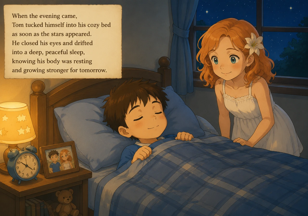 When the evening came, Tom tucked himself into his cozy bed as soon as the stars appeared. He closed his eyes and drifted into a deep, peaceful sleep,