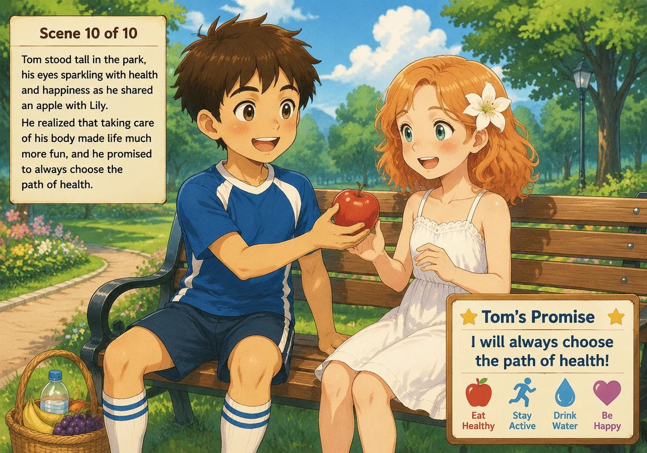 Tom stood tall in the park, his eyes sparkling with health and happiness as he shared an apple with Lily. He realized that taking care of his body mad