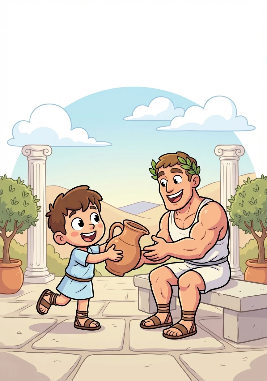 In the heart of ancient Greece, young Markino was known throughout the city for his unique talents. He lived a life dedicated to serving the needs of the city's athletes, offering them respite and satisfaction.