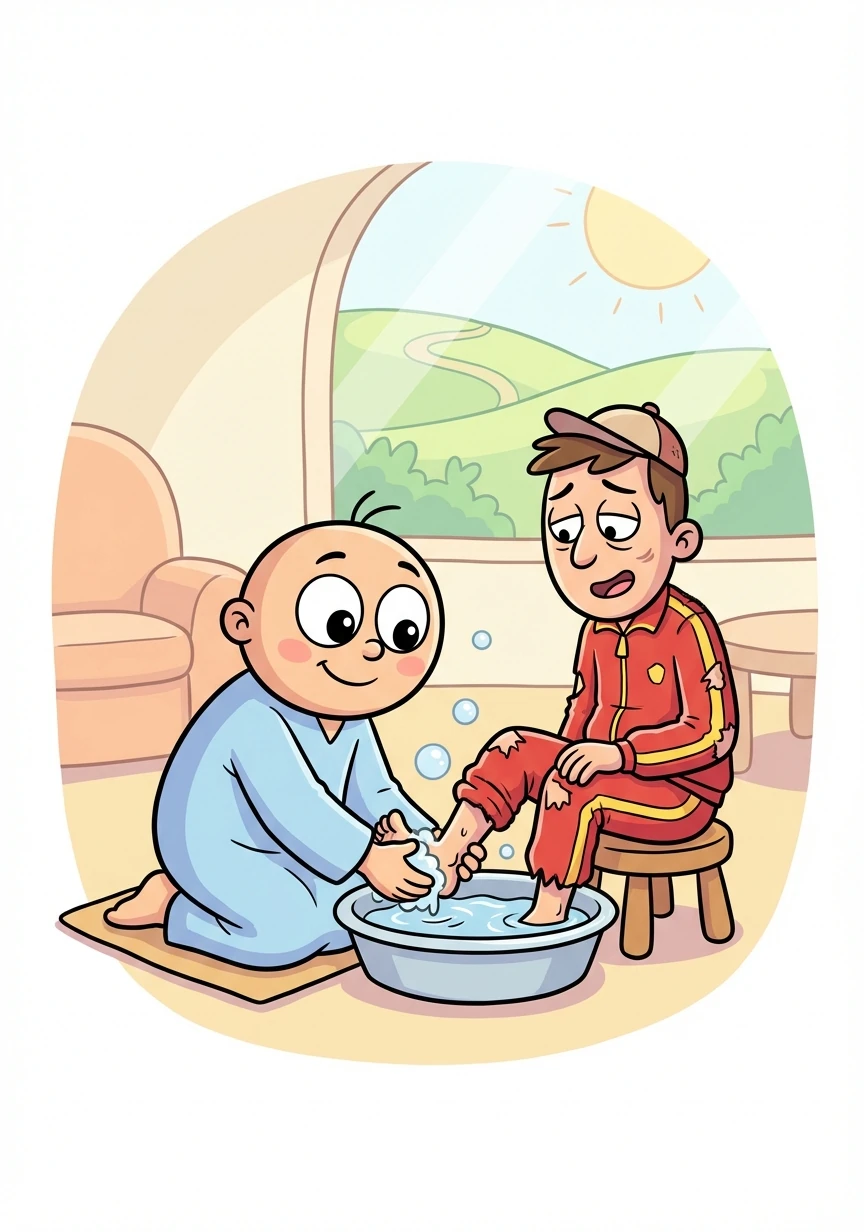 Markino greeted the athlete with a warm smile, his eyes radiating understanding and acceptance. He began by gently washing the athlete's weary feet, a sign of respect and reverence.