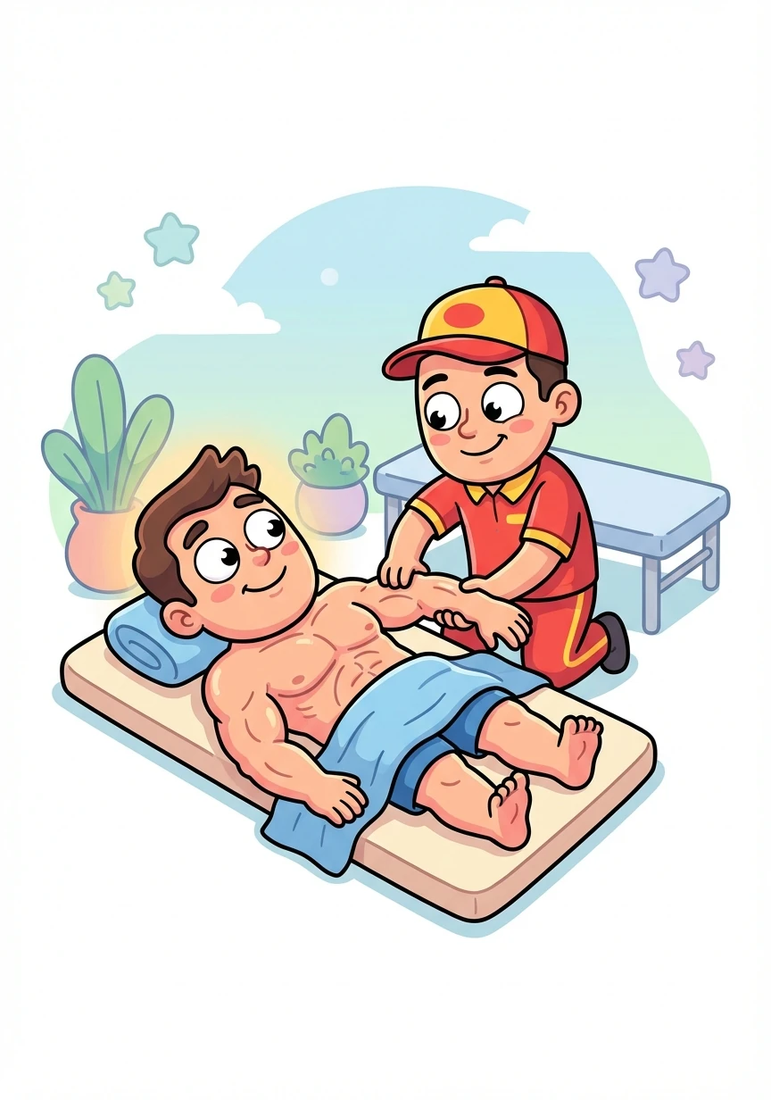 The athlete, initially tense, began to relax under Markino's care. His muscles loosened, and a look of contentment spread across his face as he surrendered to the moment.