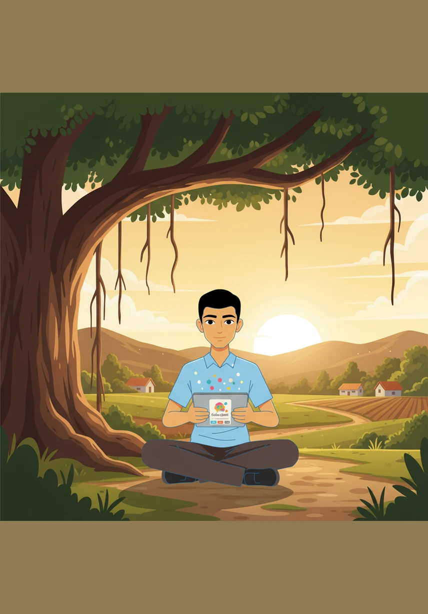 Aarav sits beneath the shade of a sprawling banyan tree, holding a tablet that glows with the vibrant colors of the EduQuest app. The rural landscape stretches behind him, bathed in the warm, golden light of the late afternoon sun as he begins his journey.