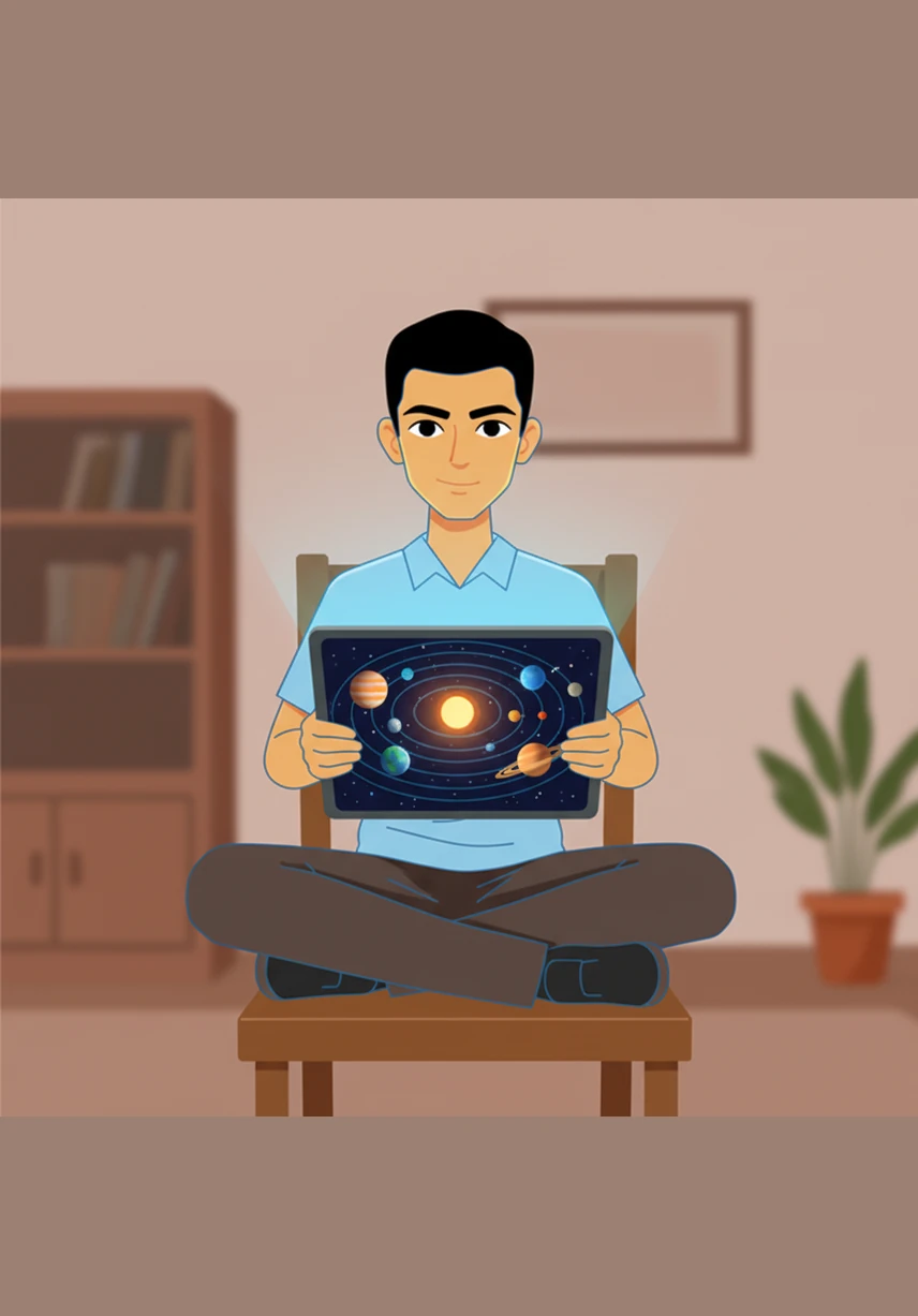 A mandatory video lesson begins, showing a high-definition 3D animation of the solar system. Aarav watches intently as planets spin across the screen, making complex science feel like a cinematic adventure right in the palm of his hand.
