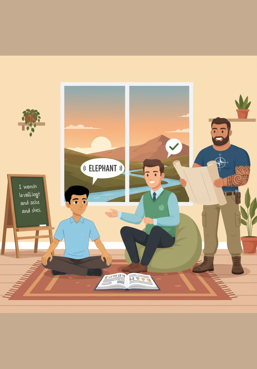 Aarav practices his English pronunciation by speaking into the tablet’s microphone during a vocabulary quest. A friendly digital tutor provides instant feedback, and a transcript of his words appears on the screen alongside a celebratory gold star.