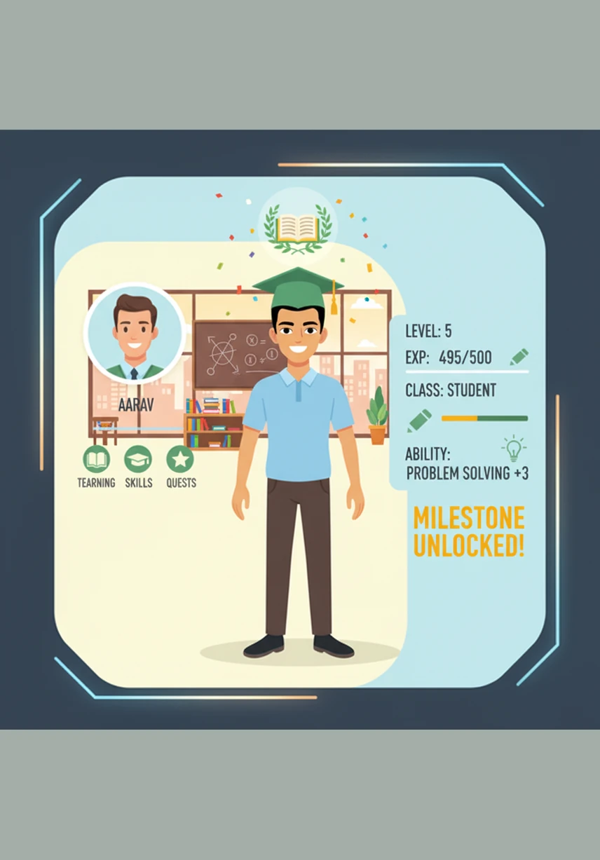 A bright notification pops up on the screen, announcing that Aarav has maintained a five-day learning streak. Digital confetti rains down on his avatar, and he earns a shiny Knowledge Warrior badge to add to his growing collection.