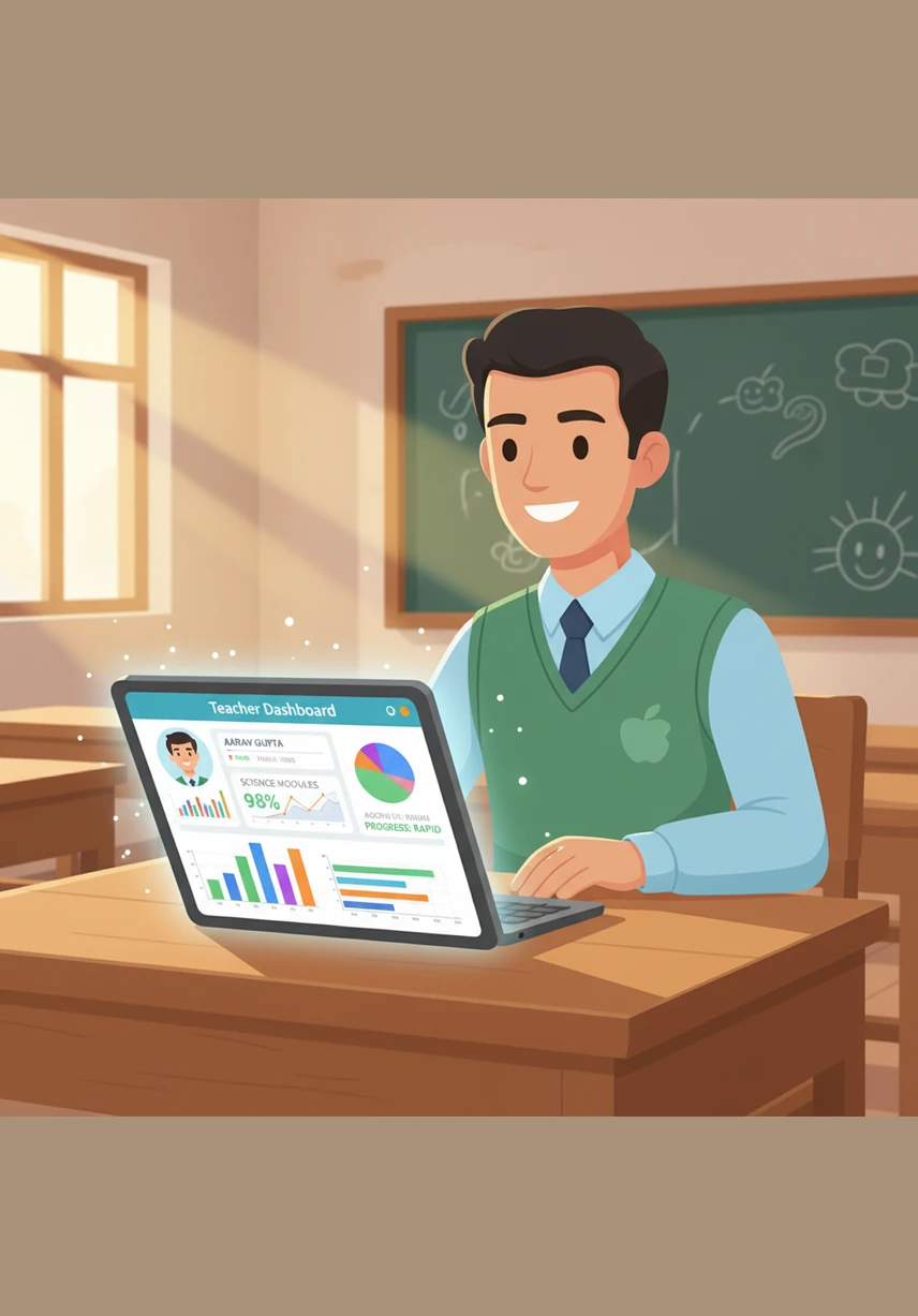 At the village school, Mr. Gupta opens the teacher dashboard to review the class performance. He smiles as he sees the colorful charts and graphs showing Aarav’s incredible accuracy and rapid progress in his science modules.