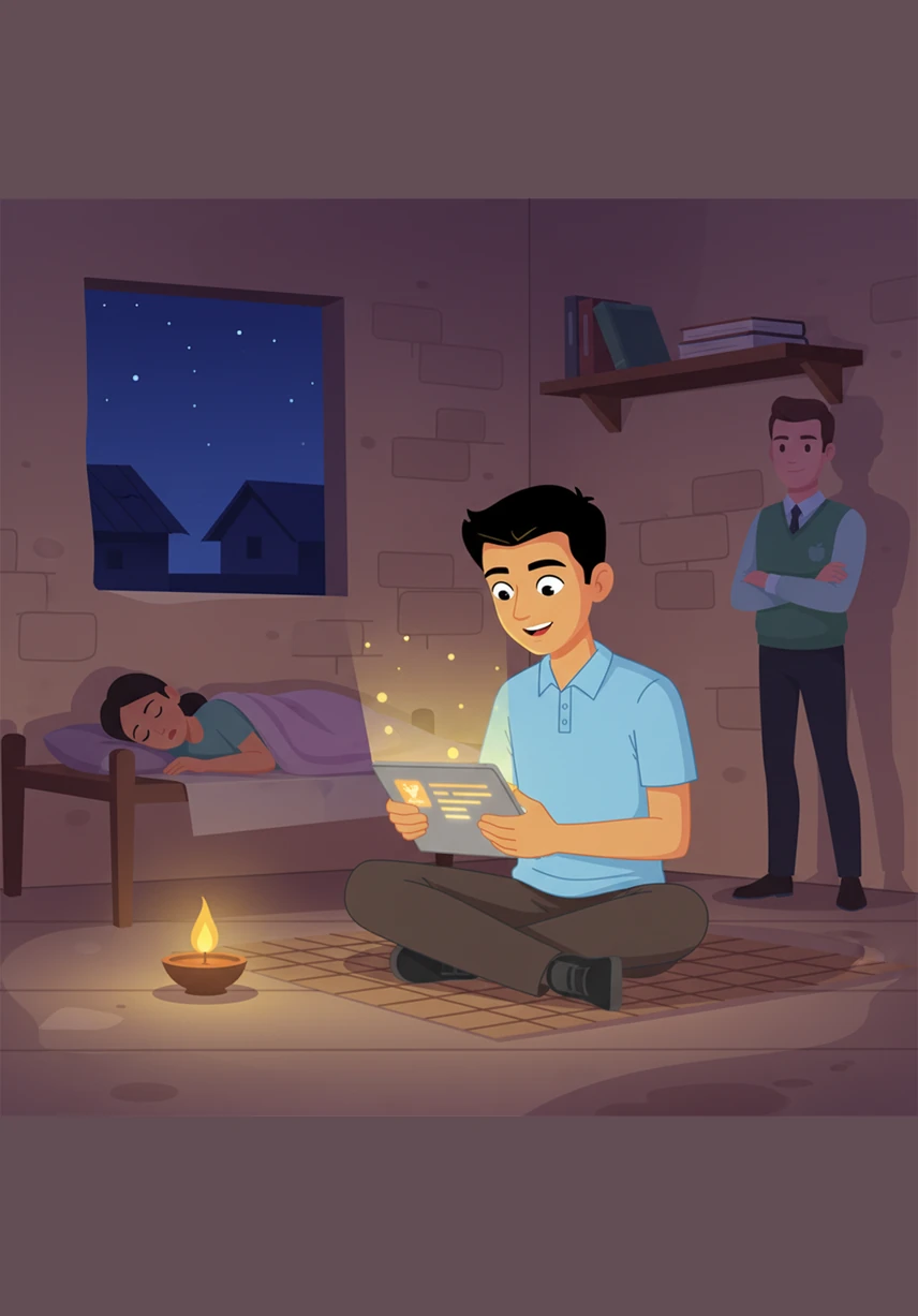 As night falls and the village grows quiet, the app continues to function perfectly without an internet connection. Aarav keeps learning by the light of a small lamp, his eyes reflecting the bright, hopeful future that education has opened for him.