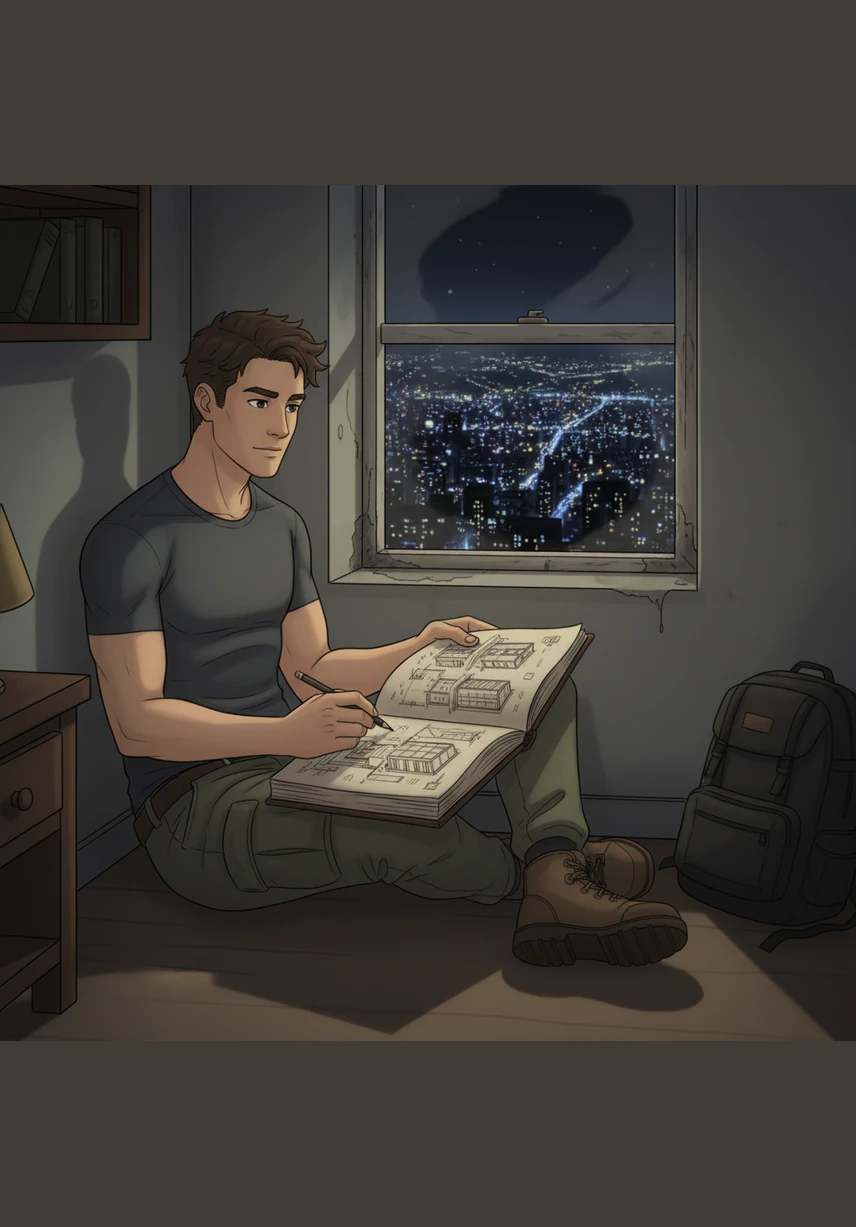 Mateo observa desde su pequeña ventana las luces de la gran ciudad que brilla a lo lejos. En sus manos sostiene un cuaderno gastado donde dibuja planos de edificios que sueña con construir algún día.