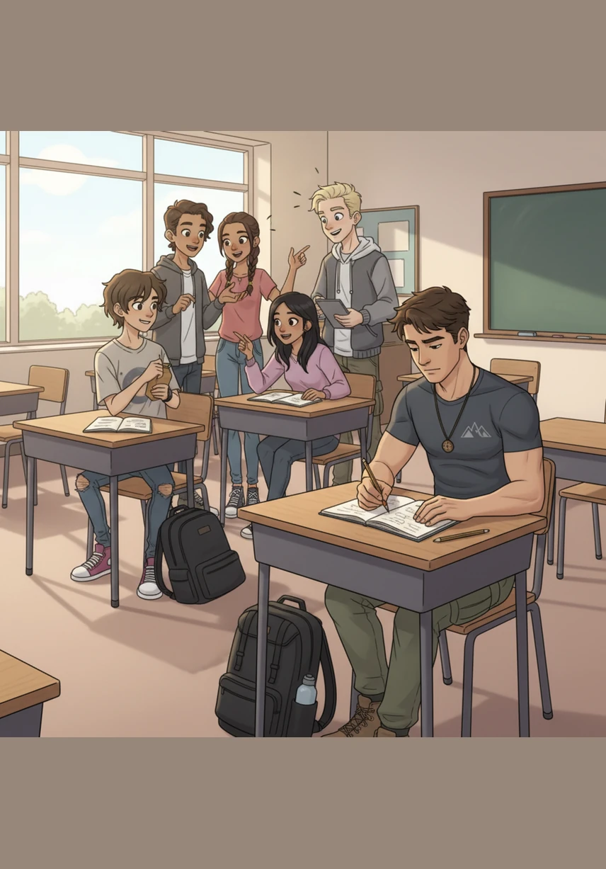 En el instituto, sus compañeros planean un viaje costoso para las vacaciones de verano. Mateo escucha en silencio mientras sigue trazando líneas firmes en su libreta, sintiendo la brecha que lo separa de los demás.