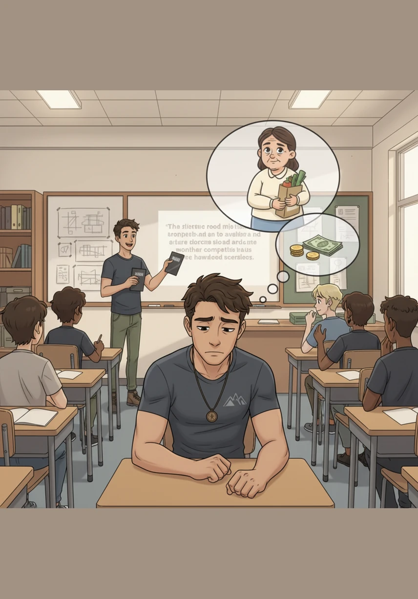 El profesor anuncia un prestigioso concurso de arquitectura que requiere una cuota de inscripción y materiales caros. El corazón de Mateo se aprieta al saber que ese dinero es el que su familia usa para la comida del mes.