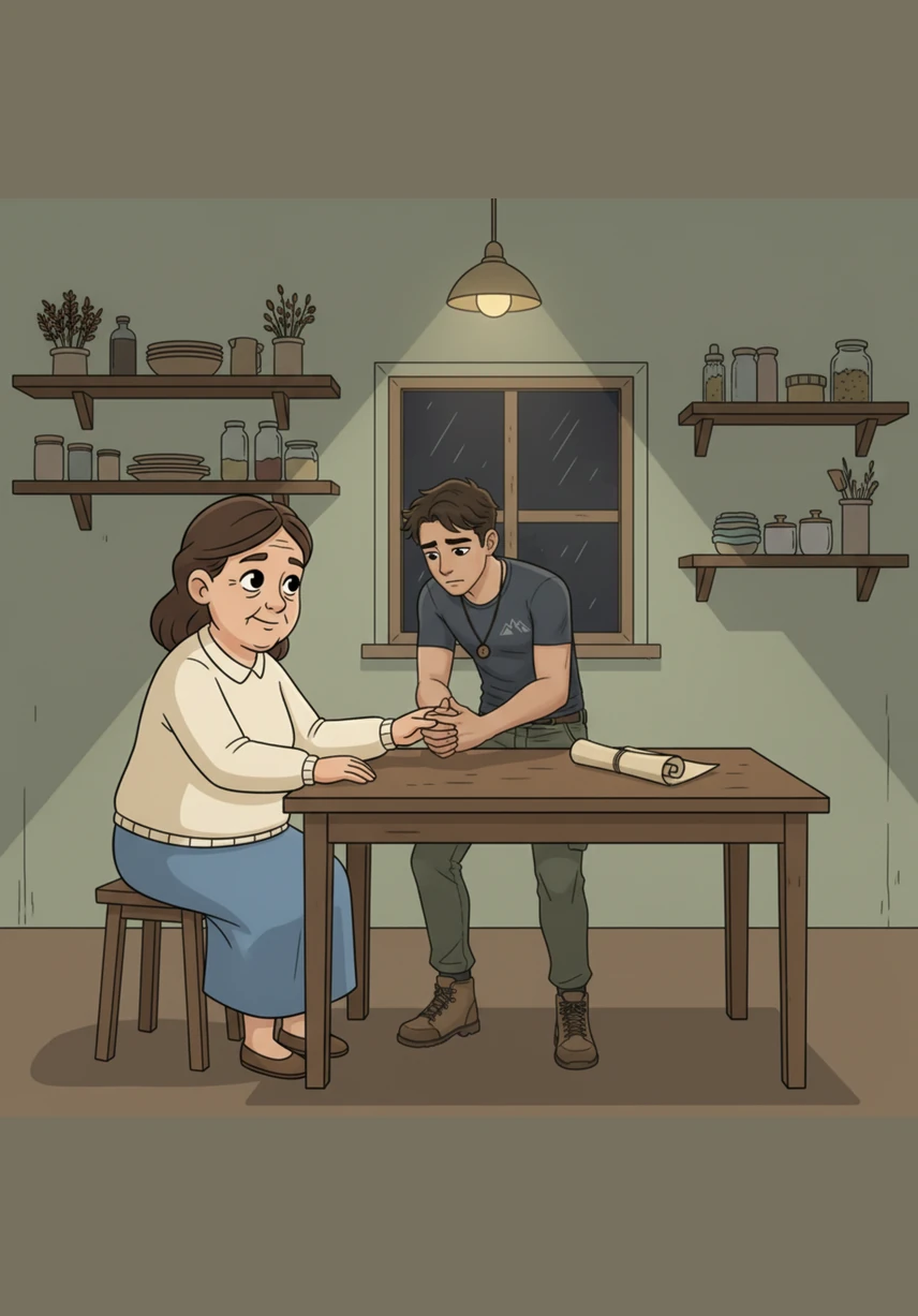 En la pequeña cocina de su hogar, Mateo conversa con su madre bajo la luz tenue de una bombilla. Ella le ofrece sus pocos ahorros con una sonrisa cansada, pero él decide que encontrará otra manera de salir adelante.