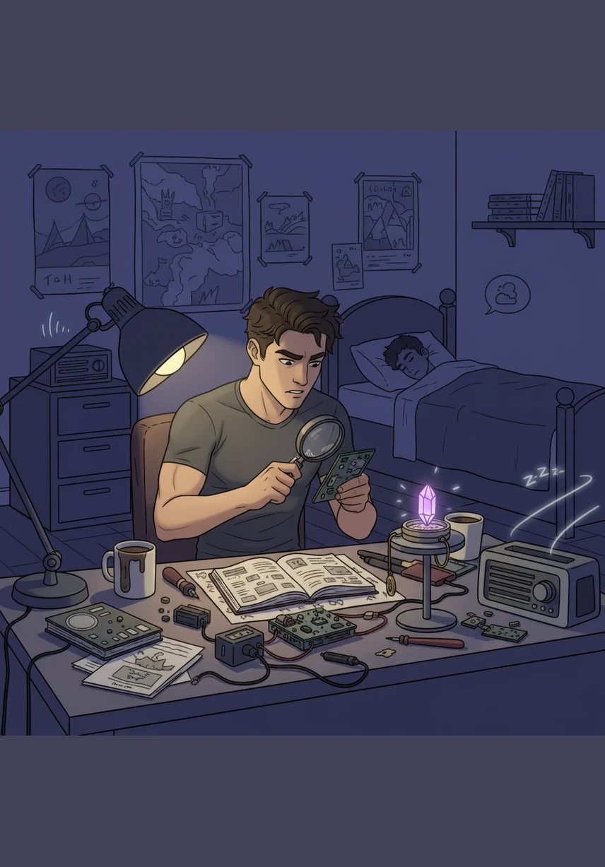 Durante muchas noches, Mateo trabaja incansablemente en su habitación compartida, pegando piezas con cuidado extremo. La falta de recursos se convierte en ingenio puro, creando una maqueta innovadora y única a partir de elementos reciclados.