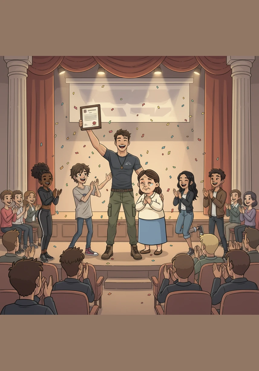 El auditorio estalla en aplausos cuando anuncian que Mateo ha ganado la beca completa para la universidad. Sus compañeros lo abrazan con respeto, comprendiendo que la verdadera riqueza reside en el talento y la determinación.