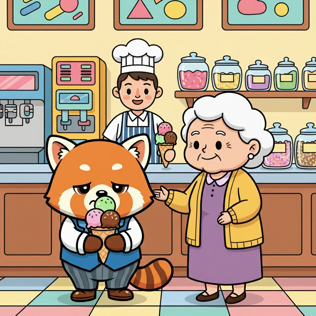 Em seguida, Bento e sua avó foram comprar sorvete. Ao receber seu sorvete, Bento se esqueceu de agradecer. A avó gentilmente o lembrou da palavra mágica, e Bento, envergonhado, disse: "Obrigado!"