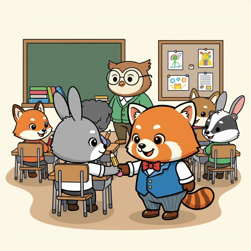 Durante a aula, Bento pediu "Por favor" para pegar um lápis emprestado. Ele também agradeceu à professora por sua ajuda. Os amigos de Bento notaram a mudança.