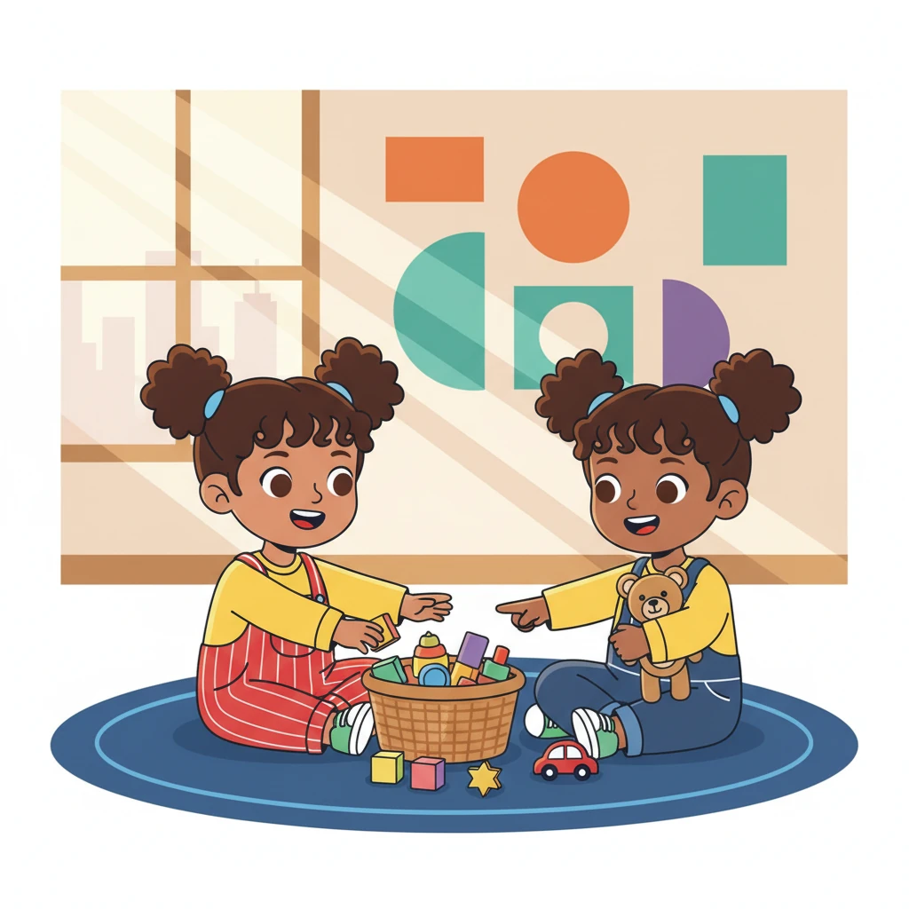 The sun peeked through the window into a brightly colored classroom, where An and Mai, two cheerful three-year-olds, sat on a soft rug. Bold geometric shapes decorated the walls, and a large basket of toys awaited their eager hands. Their matching bright yellow shirts stood out against the deep blue rug.