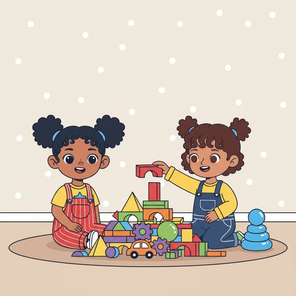 A large, inviting pile of toys sat in the center of the rug, a vibrant explosion of shapes and colors. An reached for a chunky red block, while Mai's eyes sparkled at a stack of shiny blue rings. Clean, crisp outlines defined each toy, making them pop against the simple background.