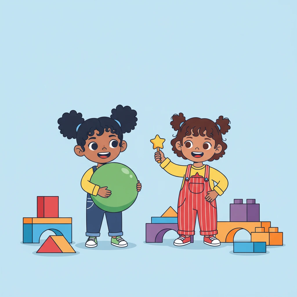 An held up a big, round green ball, nearly as wide as her chest. Mai, with a playful grin, picked up a tiny, yellow star-shaped rattle. The contrast in their toy sizes was clear and comical, with both children framed by the surrounding colorful blocks.