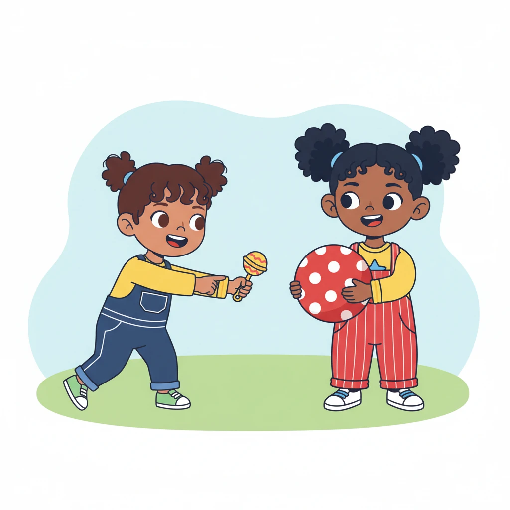 "Look, An! Big!" Mai exclaimed, pointing at An's ball, then holding up her small rattle. "Little!" An giggled, nodding in agreement as they held their contrasting toys side-by-side. Their faces were simple, joyful circles with dot eyes, embodying pure delight.