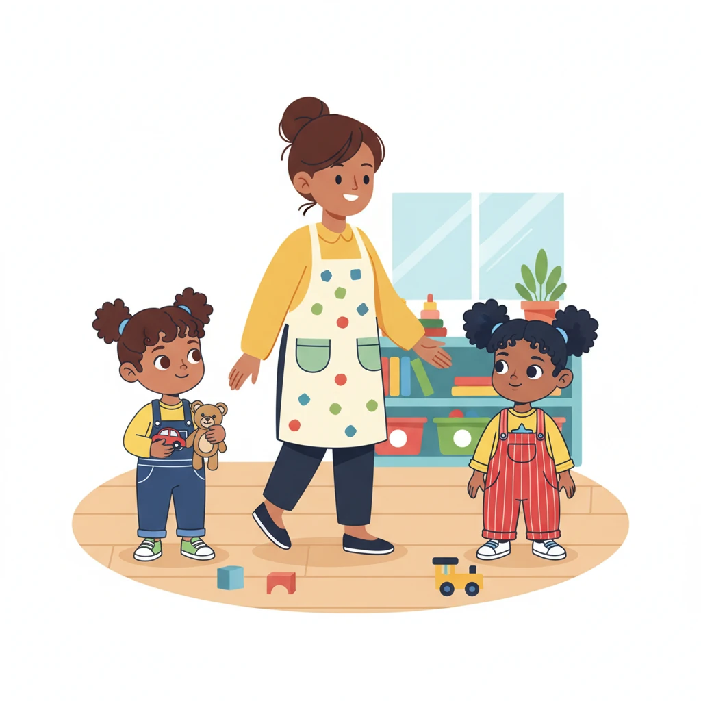 Teacher Lily, with her kind smile and a patterned apron, walked over to the children. She had a gentle expression, her form a soft rectangle with a friendly circular head. "What wonderful toys you have," she said warmly, "Would you like to help me make our toy corner super tidy?"