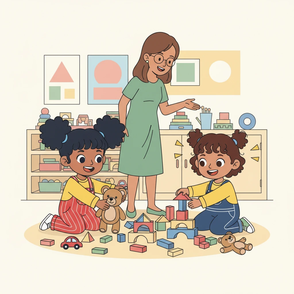 An and Mai's eyes widened with excitement. "Yes, Teacher Lily!" they chorused, their small hands already reaching for more toys. They loved helping, especially when it involved their favorite playthings. Their enthusiasm was depicted by small, upward-pointing triangles around their heads.