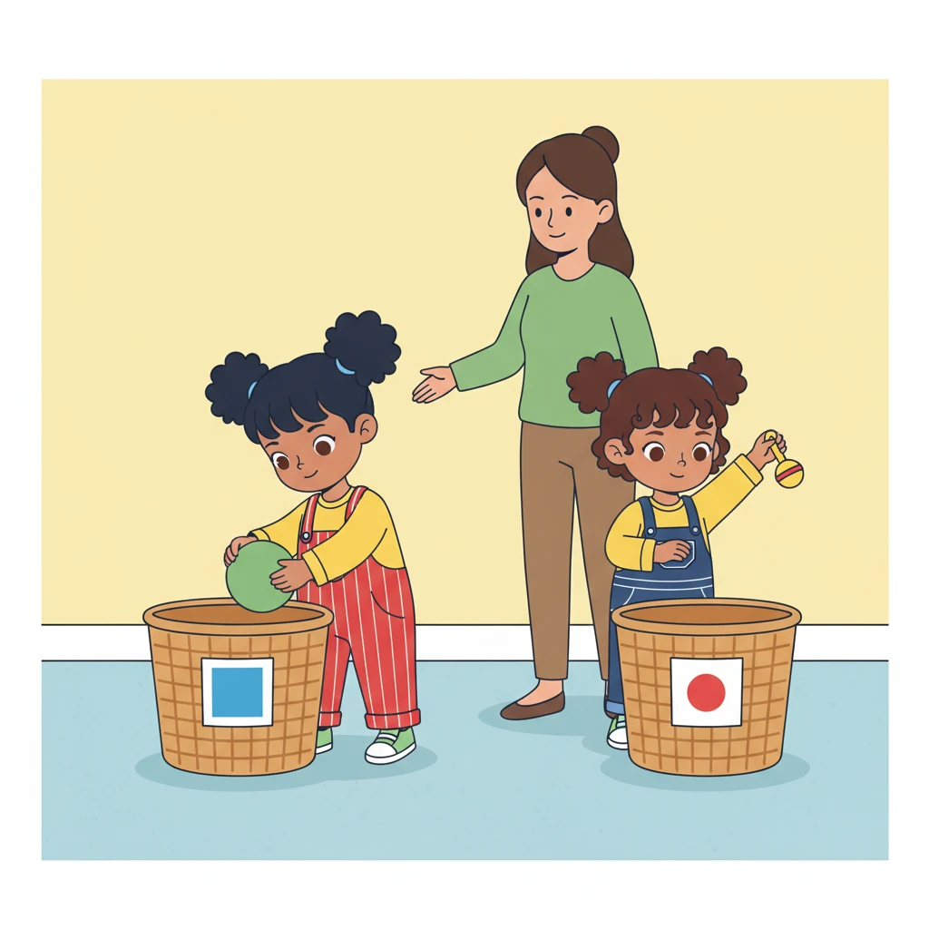 Teacher Lily brought out two baskets: one labeled 'BIG' with a large square, and another labeled 'SMALL' with a tiny circle. An carefully placed her big green ball into the 'BIG' basket, while Mai dropped her tiny yellow rattle into the 'SMALL' one. They worked together, their movements synchronized.