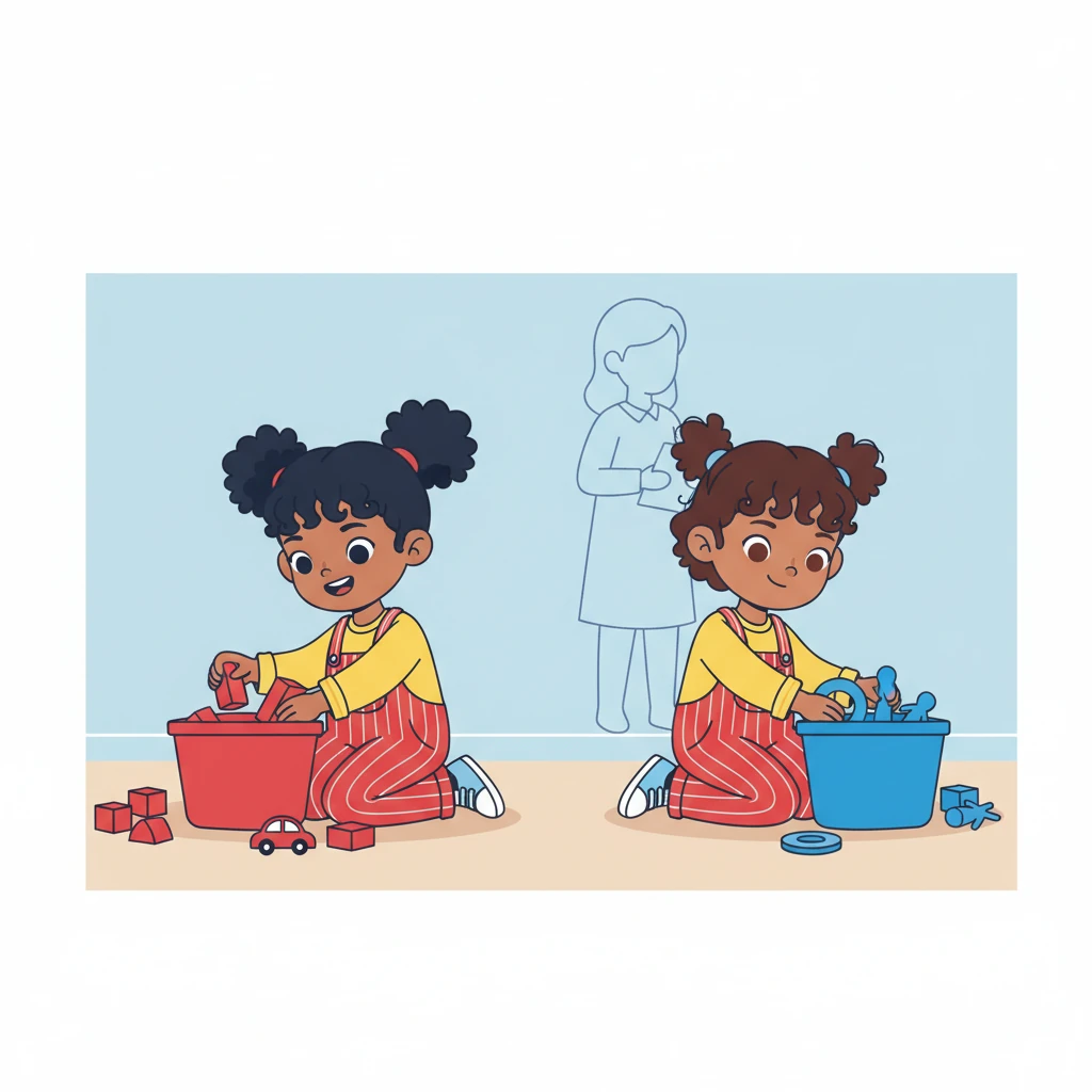 Next, Teacher Lily suggested sorting by color. She presented a red basket and a blue basket. An gathered all the red blocks and cars, arranging them neatly. Mai collected the blue rings and figures, placing them carefully into their designated basket. The baskets were solid, bright blocks of color.