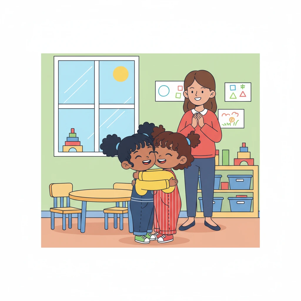 Teacher Lily clapped her hands softly. "Excellent work, An and Mai! Our classroom looks amazing, all thanks to you!" The two friends hugged, their simple, geometric forms conveying pure happiness and accomplishment. They knew they had done a great job, making their classroom a brighter place.