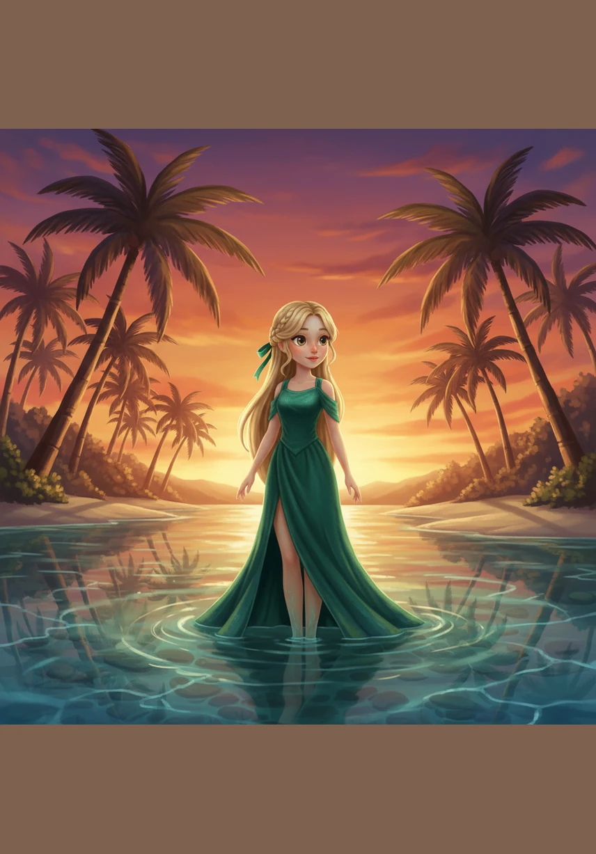 Wading slowly into the crystal-clear water, Elena felt the cool silk of her emerald dress cling to her skin as she reached the center of the lagoon. She turned back toward the shore, her gaze lingering on the dramatic shadows of the palms against the fiery sky. The world seemed to stand still, captured in a perfect moment of serene luxury and natural wonder.