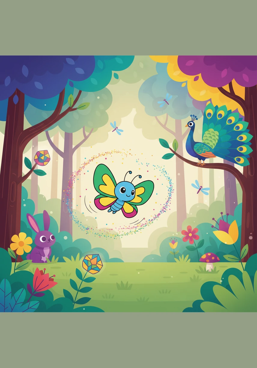 Trisha was a tiny butterfly with wings that shimmered like a thousand jewels in the sunlight. She lived in a cozy nook of the most colorful tree in the heart of the magical Rainbow Forest.