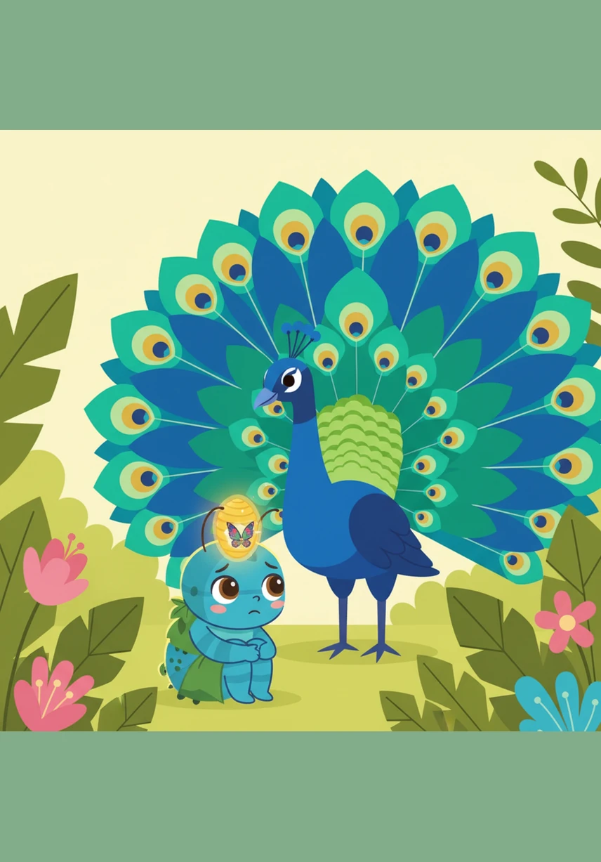 Trisha took a deep breath, gathered all her courage, and shouted back to Mark that she was finally ready to play. She crawled to the edge of her branch and felt the gentle breeze tickle her antennae.