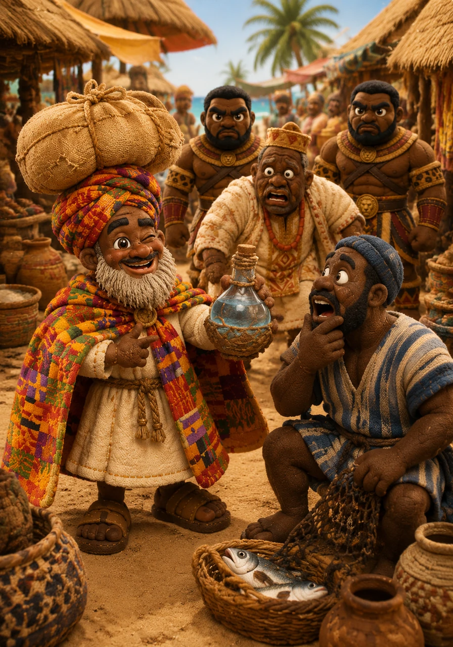 Zola strolled through the sun-drenched marketplace of Ouidah, his colorful kente cloth flowing behind him like a king’s cape. With a wink and a silver tongue, he could convince a fisherman to buy water, making everyone laugh even as their pockets felt suspiciously light.