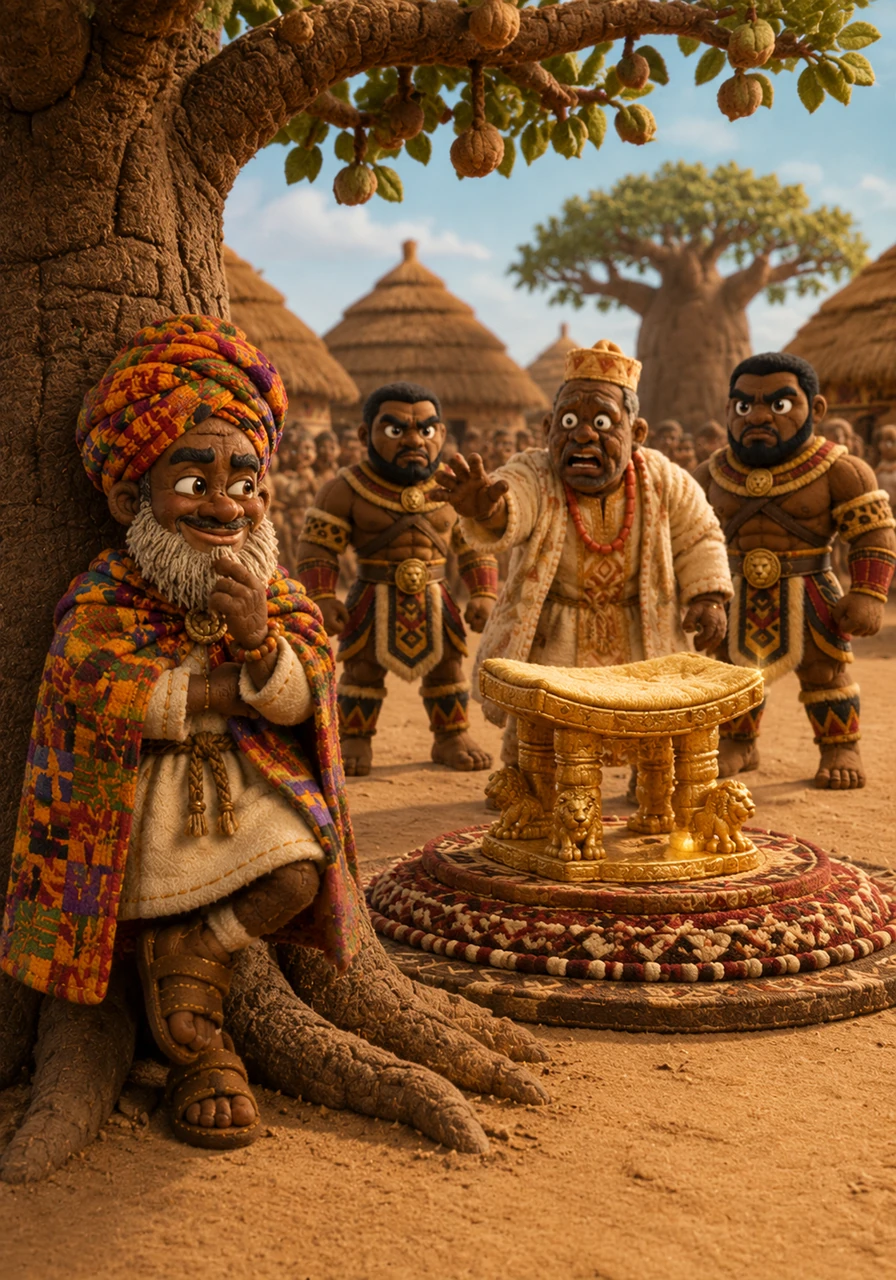 At the center of the village square sat the Chief’s legendary Golden Stool, gleaming under the afternoon sun like a fallen star. Zola leaned against a massive baobab tree, his eyes twinkling with a mischievous plan that would surely be the talk of the savanna for generations.