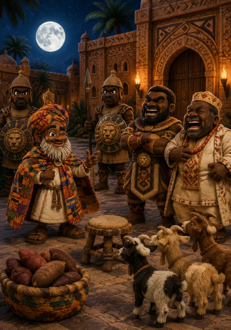 "I bet three goats and a basket of the finest yams that I can sit on that stool before the moon rises," Zola declared to his skeptical friends. They roared with laughter, knowing the palace guards were as fierce as lions and twice as stubborn when it came to their duties.