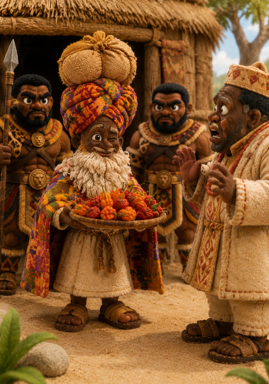 Zola disappeared into his small hut and emerged wearing a towering turban and a fake beard made of fluffy goat hair. He carried a tray of exotic Spirit Peppers that he claimed held the power to make a man speak the secret language of the wind.