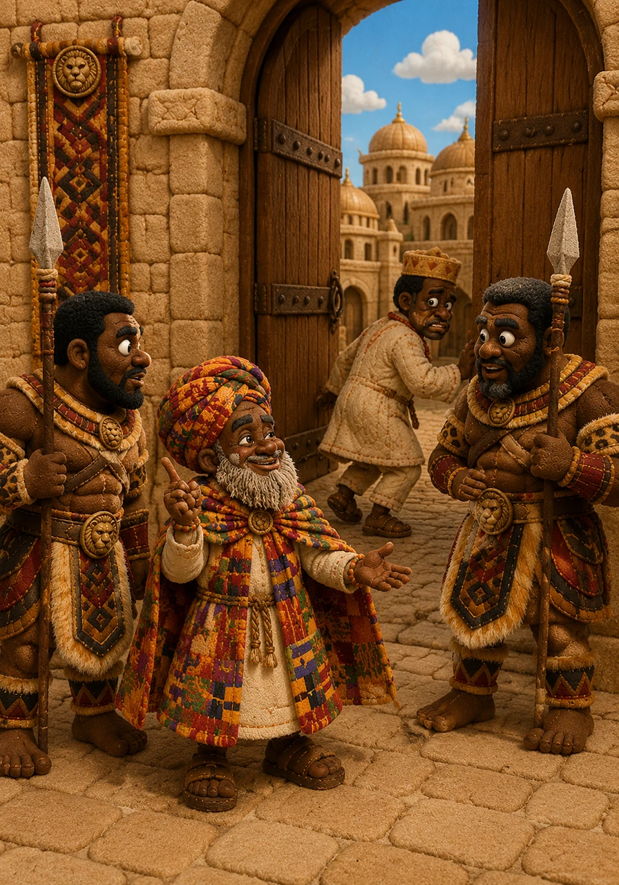 He approached the palace gates, spinning tales of distant lands where the rivers flowed with honey and the birds sang in three-part harmony. The guards were so entranced by his rhythmic storytelling and animated gestures that they didn't notice him slipping through the heavy wooden doors.
