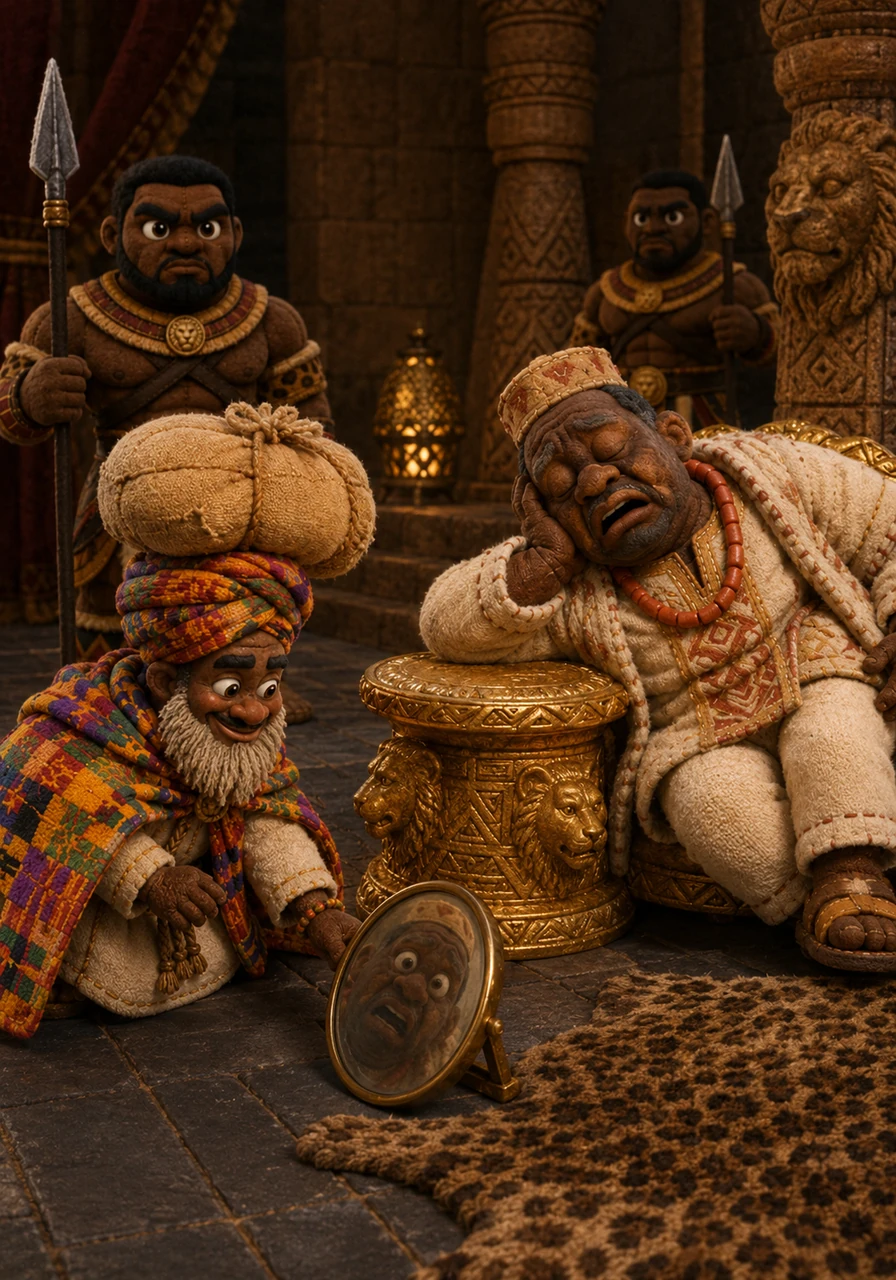 Inside the cool, dim palace, Zola found the Chief napping peacefully near the Golden Stool. He carefully placed a small, polished bronze mirror on the floor at a specific angle so the Chief would see a distorted reflection of himself upon waking.