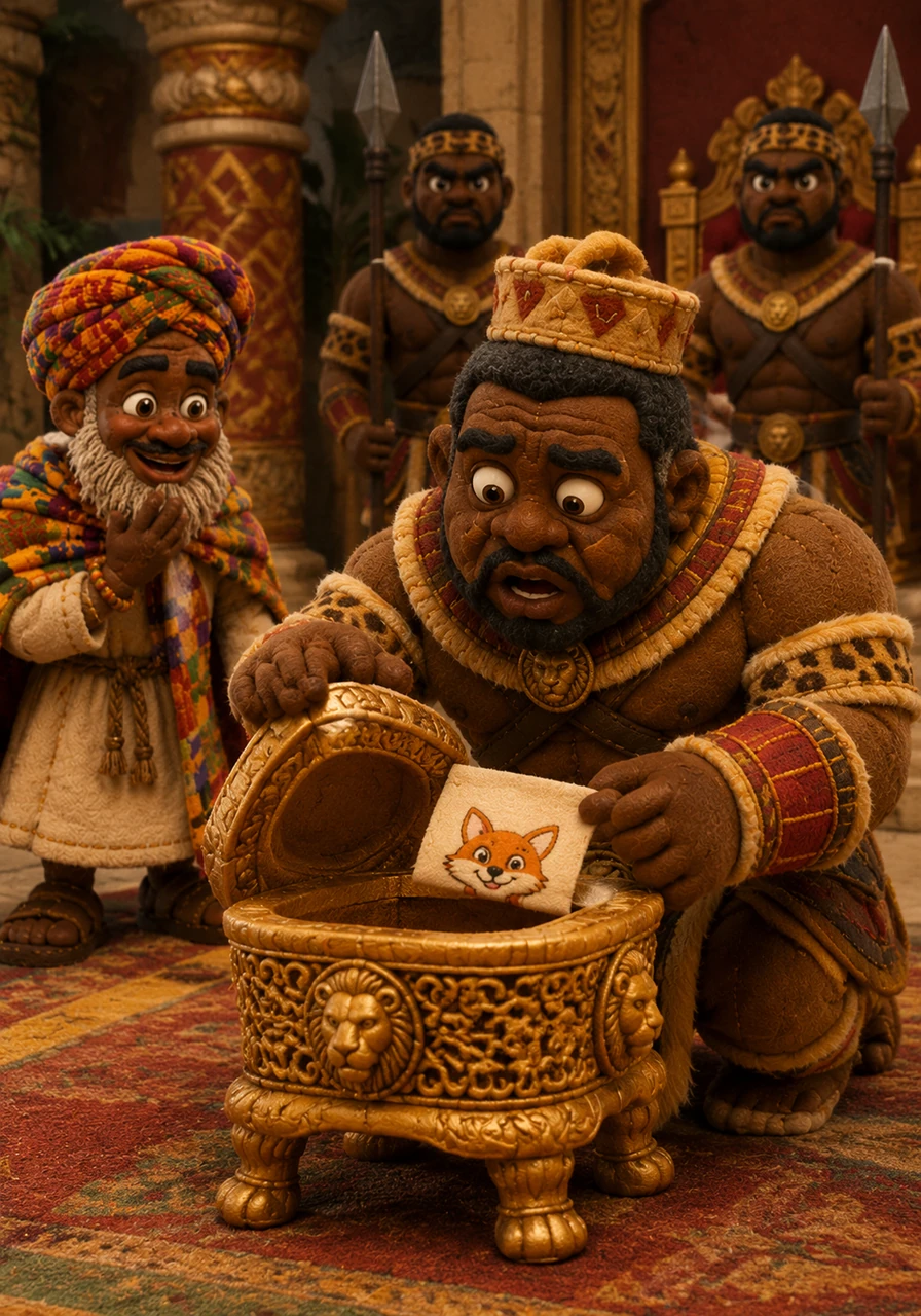 Back at the palace, the Chief realized the stool felt unusually light and found a small note tucked into the intricate carvings. It read, "Even a Golden Stool needs a walk in the fresh air to keep its shine," signed with a tiny drawing of a smiling fox.