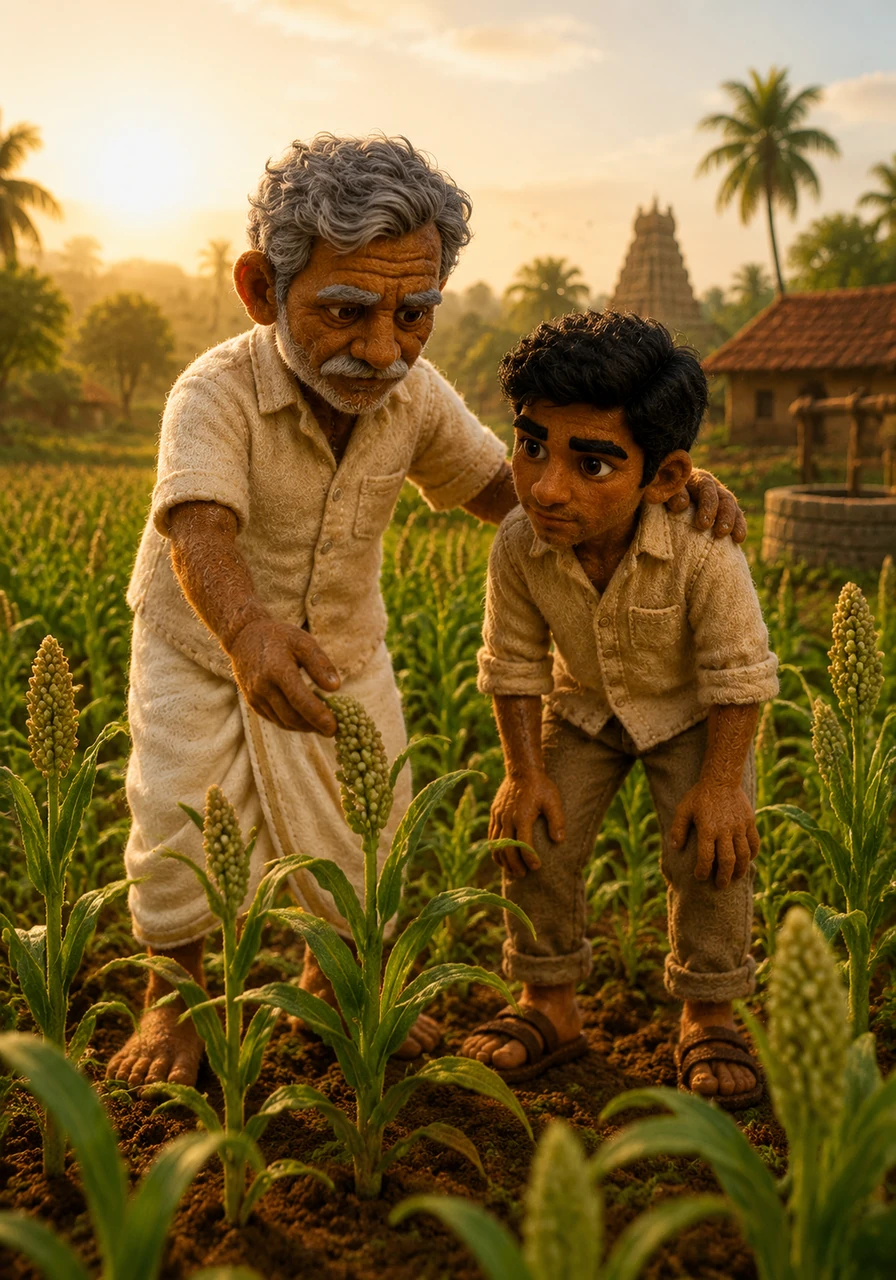 In a sun-drenched village in Karnataka, a weathered farmer named Shankar guides his young son Ravi through the emerald green ragi fields, teaching him to respect the earth. The air is thick with the smell of wet mud and the sound of distant temple bells as they work side by side.