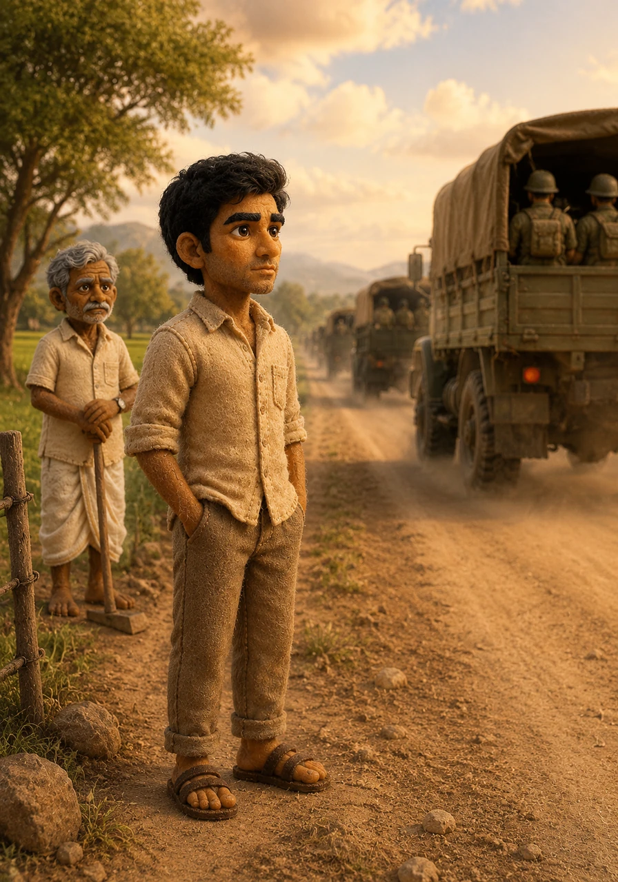 As Ravi grows into a young man, he finds himself torn between his father’s love for the land and a burning desire to serve his country at the borders. He often stands by the dusty road, watching military trucks pass by with a look of deep longing and determination.
