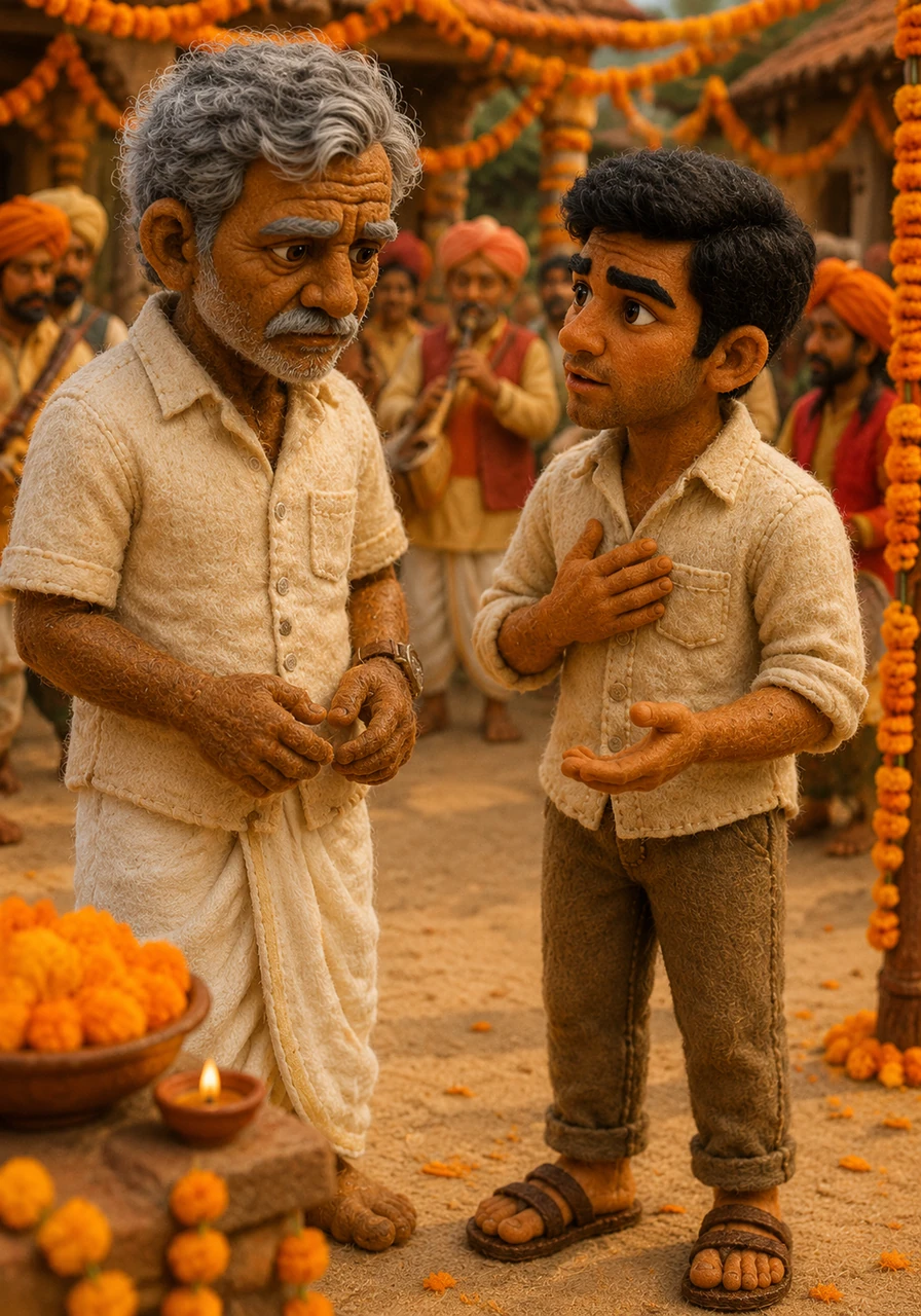During a vibrant village festival filled with orange marigolds and traditional music, Ravi finally gathers the courage to tell Shankar about his dream of joining the army. Shankar listens in heavy silence, his calloused hands trembling slightly as he realizes his son’s path leads away from the farm.