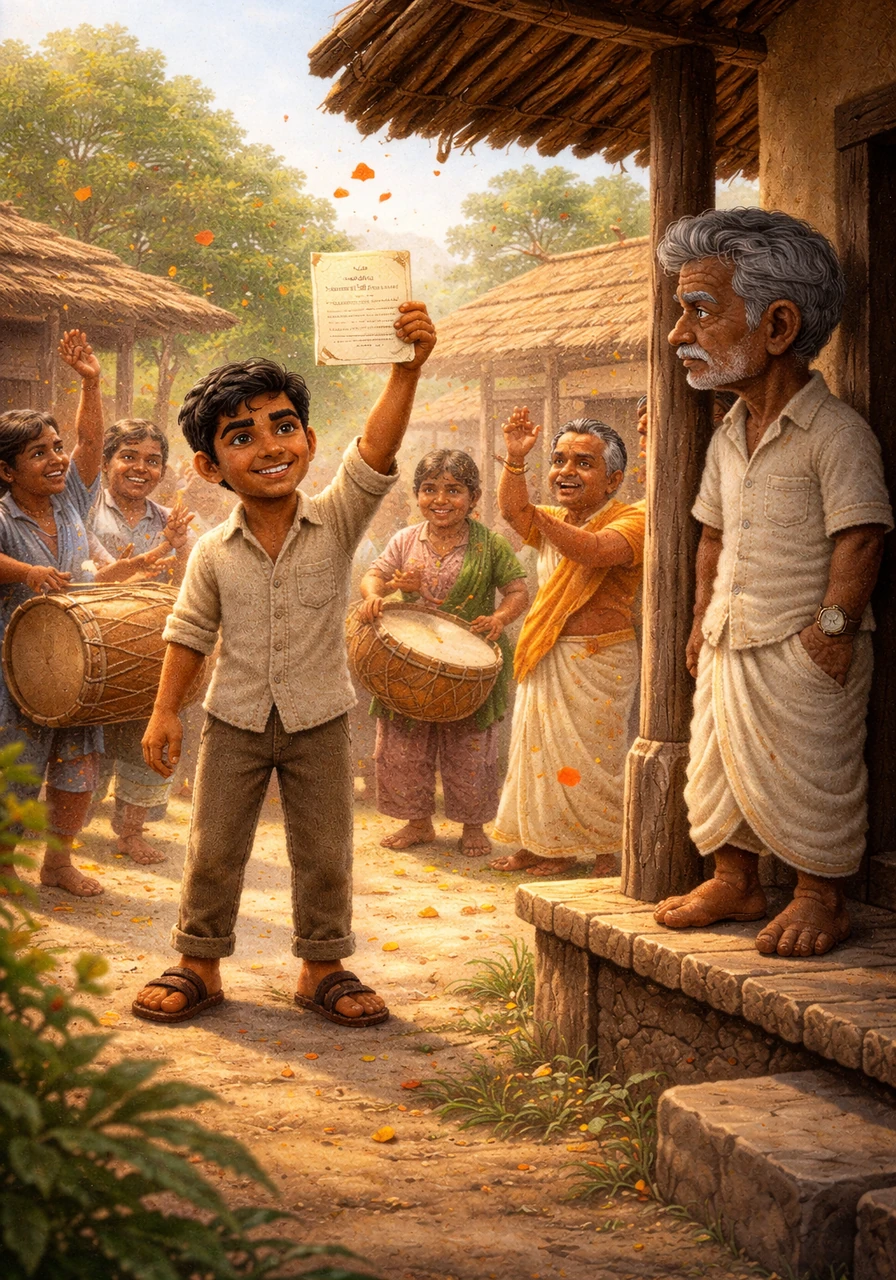 The day the official recruitment letter arrives, the entire village gathers to celebrate the boy who will become a soldier. While the neighbors cheer and play drums, Shankar watches from the porch, his heart swelling with pride even as it breaks with the thought of the coming loneliness.