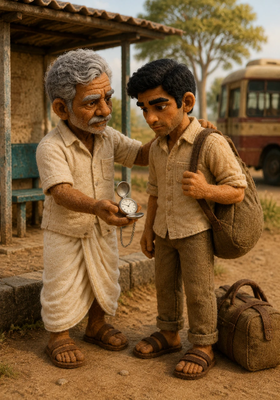 At the village bus stop, Shankar hands Ravi his most precious possession: an old, silver pocket watch that has timed every harvest for decades. He whispers a final piece of advice, telling Ravi to fight for the country but to never let the scent of his village's soil leave his soul.