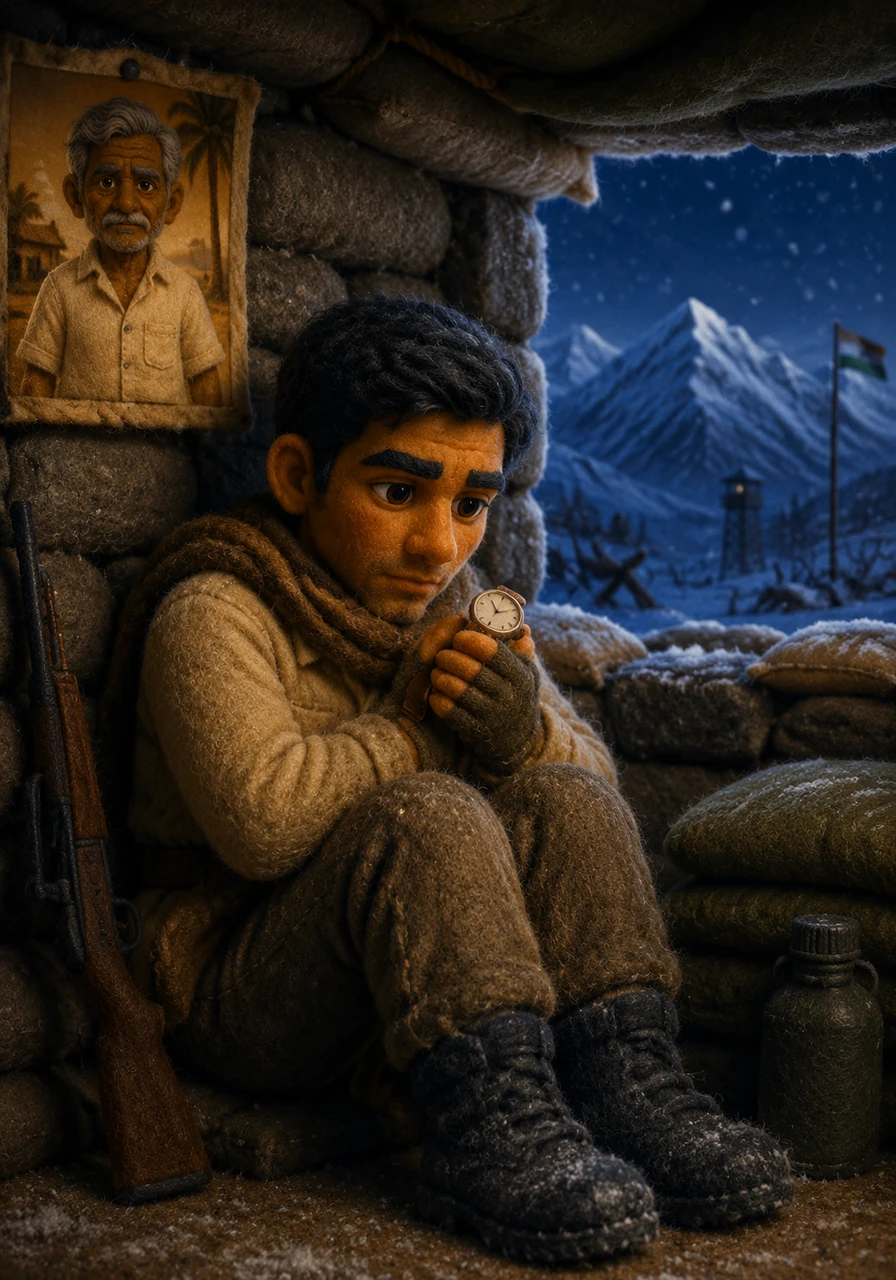Thousands of miles away in the freezing, snow-capped mountains of the border, Ravi huddles in a bunker, clutching the ticking watch. The cold is biting, but the memory of the warm Karnataka sun and his father's silent strength keeps his spirit alive during the long nights of vigil.