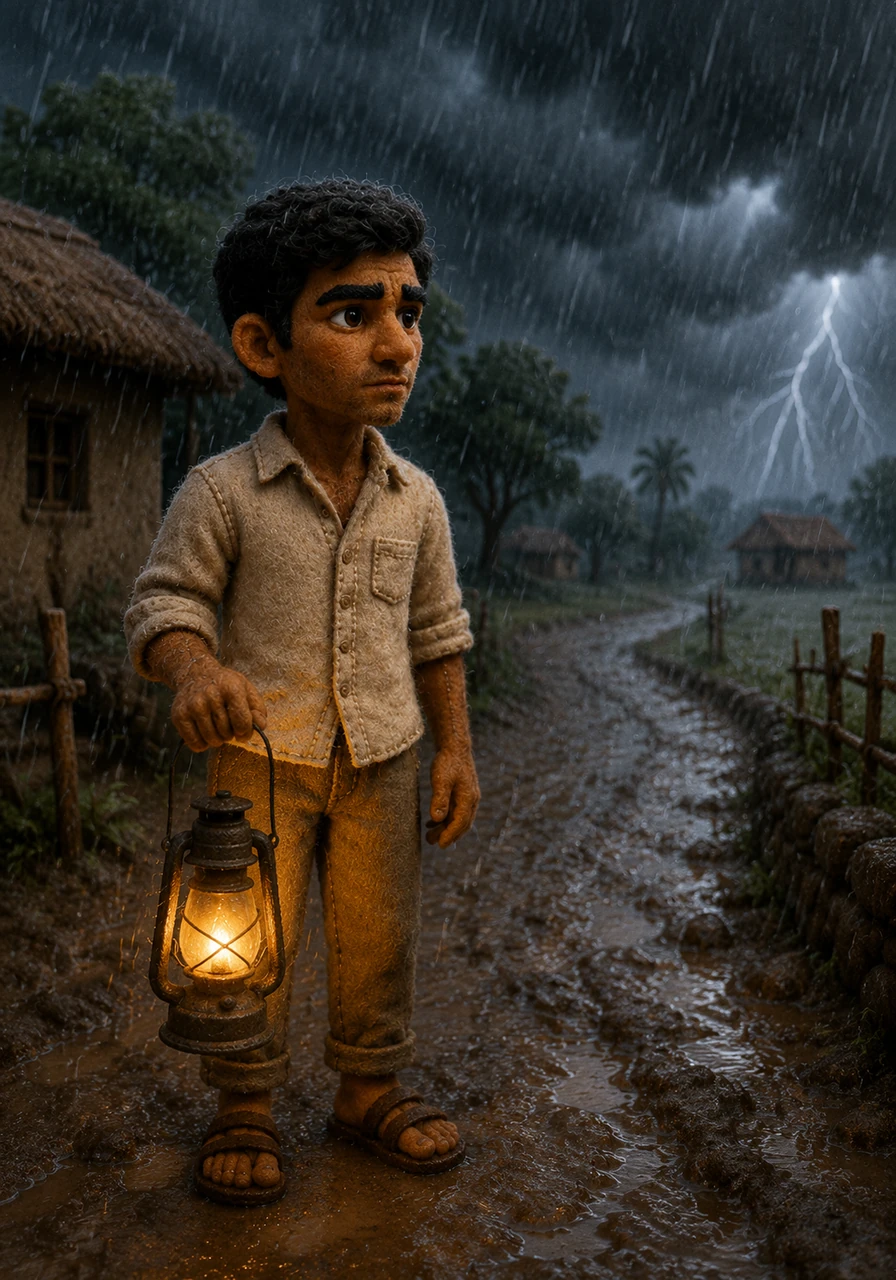 Back home, a fierce monsoon storm lashes the village, turning the fields into a sea of mud. Shankar stands alone in the downpour, holding a flickering lantern and staring at the empty road, his heart heavy with the lack of letters during the height of the war.