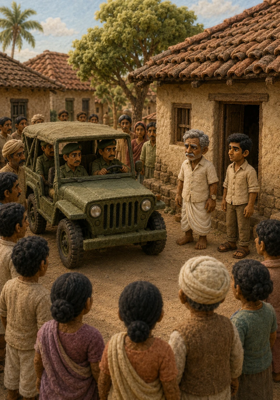 One afternoon, a somber green army jeep winds its way through the narrow village lanes, bringing a sudden, suffocating silence to the community. People stop their work and gather in the square, their faces etched with fear as the vehicle stops in front of Shankar’s humble home.
