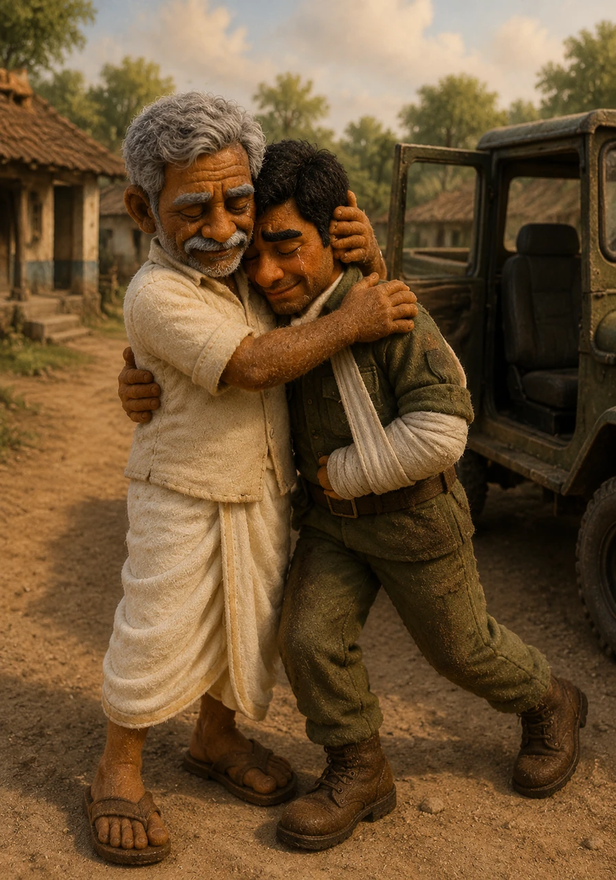 The door of the jeep opens, and Ravi steps out, his uniform stained with the dust of battle and his arm in a sling, but his eyes shining with life. He limps toward his father and collapses into a tearful embrace, having returned as a hero to the land that raised him.