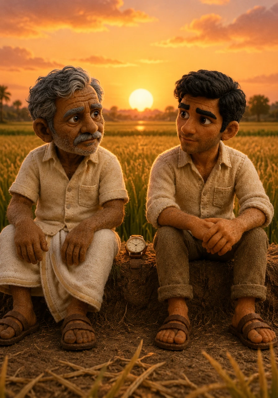 As the sun sets over the golden horizon, father and son sit together on the edge of the field, the silver watch ticking between them. Ravi realizes that while he guarded the nation's borders, his father guarded the nation's soul through the soil, and both are equally sacred.