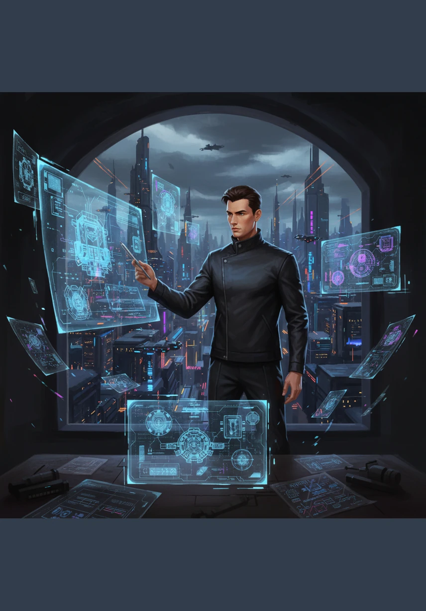 Lex stands in a dimly lit studio overlooking a sprawling cybernetic city. His workspace is filled with glowing blueprints and holographic sketches that flicker against the dark charcoal walls.