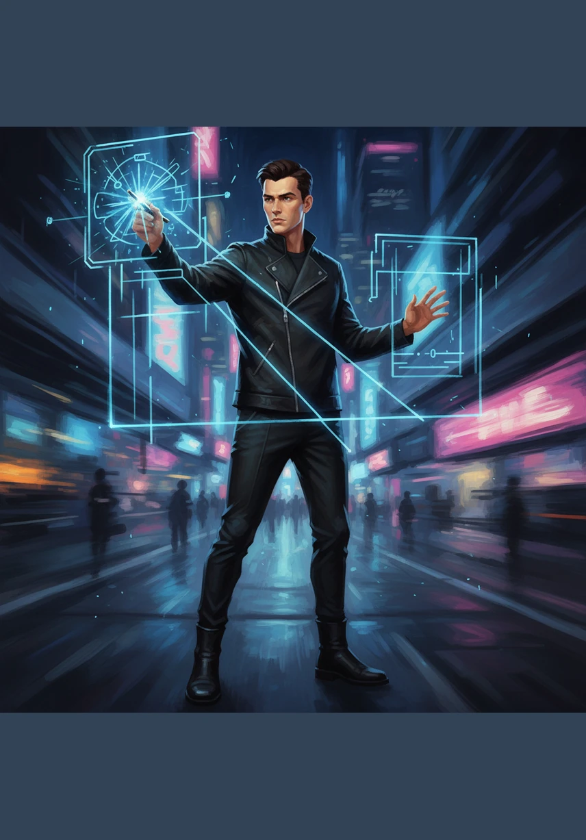 Lex begins to sketch sharp, edgy lines in the air using a digital stylus. His movements are swift and precise, reflecting an obsession with geometric perfection and symmetry.